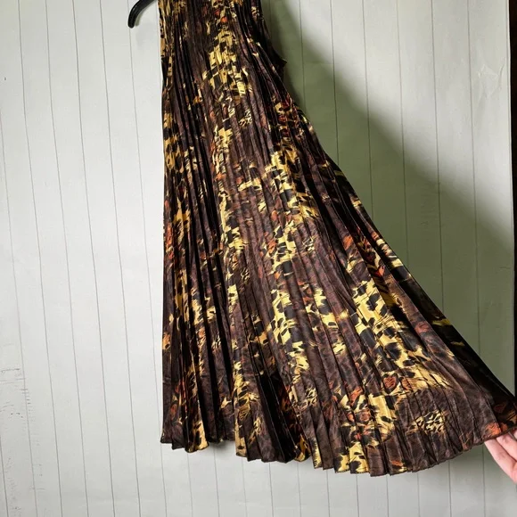 Brown Leopard Midi Pleated Shift Dress Cheetah Animal Print Bow Tie Neck Glam 10 - Picture 2 of 4